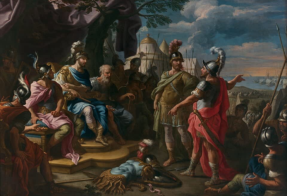 Odysseus argues with Ajax over Achilles' armor (painting by Agostino Masucci).