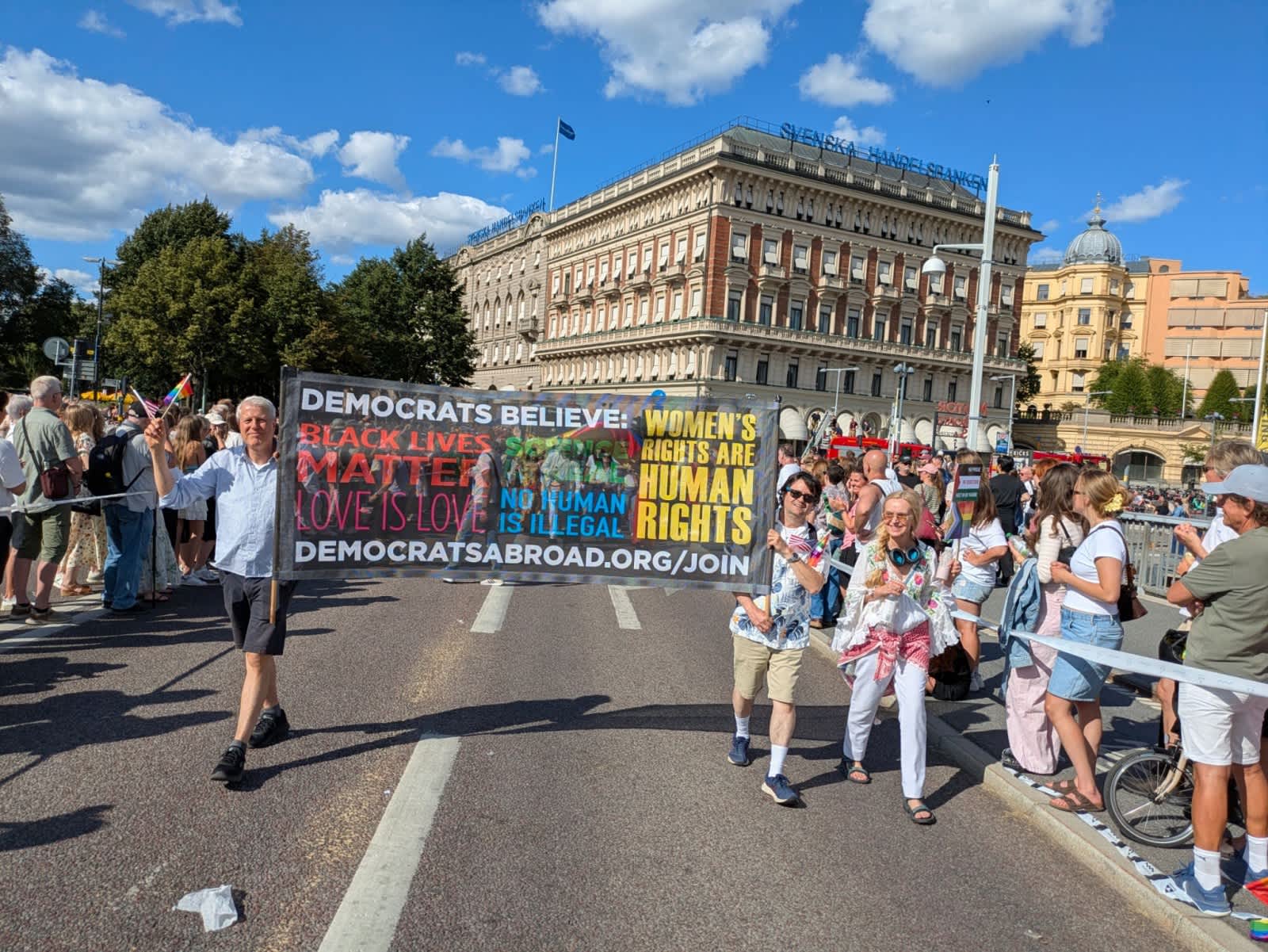 The Democrats Abroad Sweden parade banner.