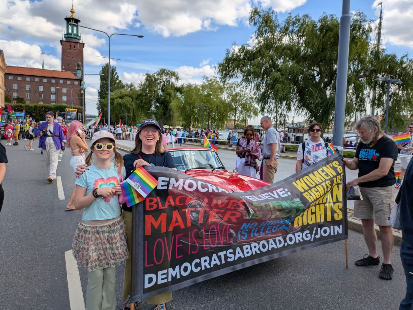 The Democrats Abroad Sweden parade banner.