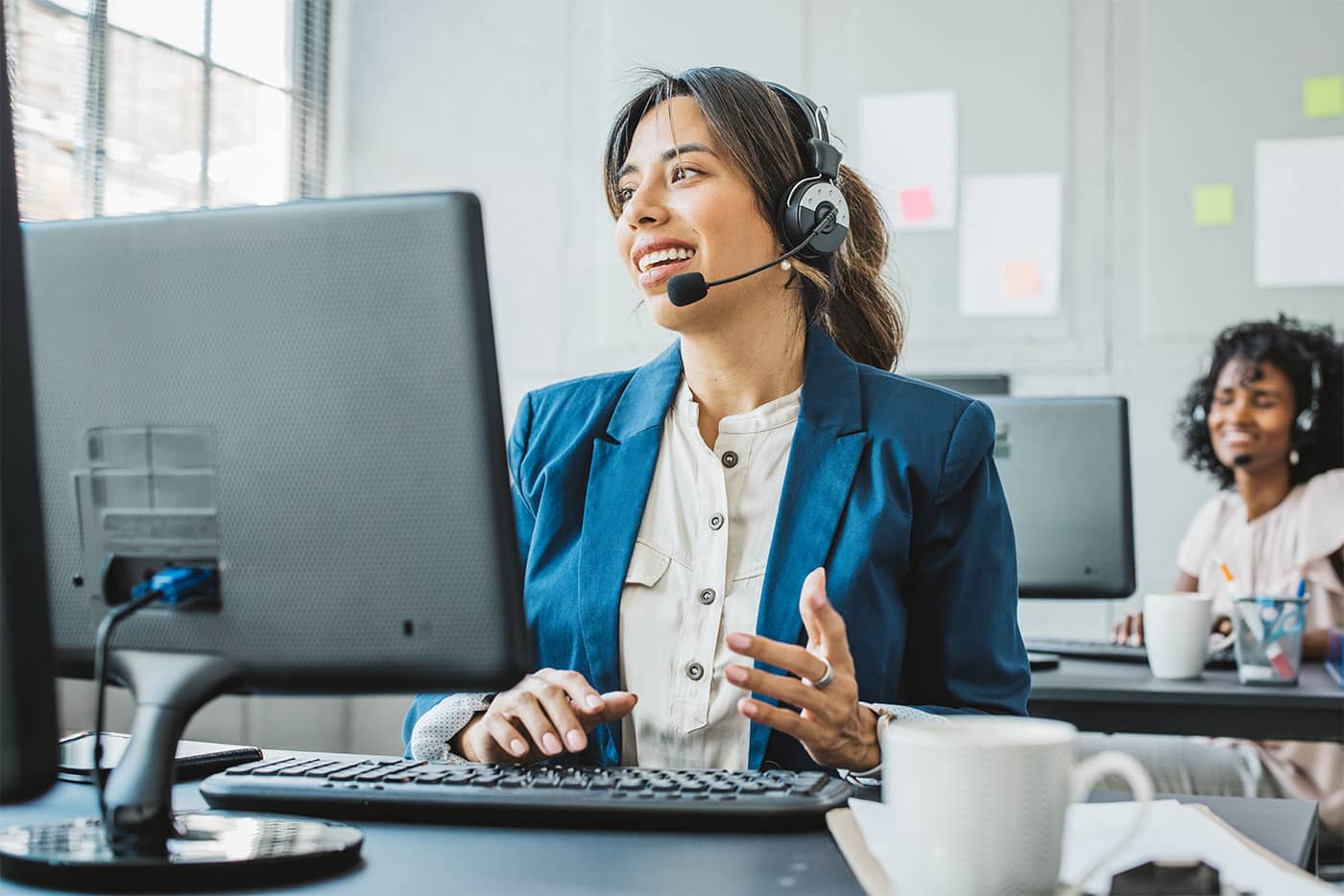 A picture of a woman phone banking