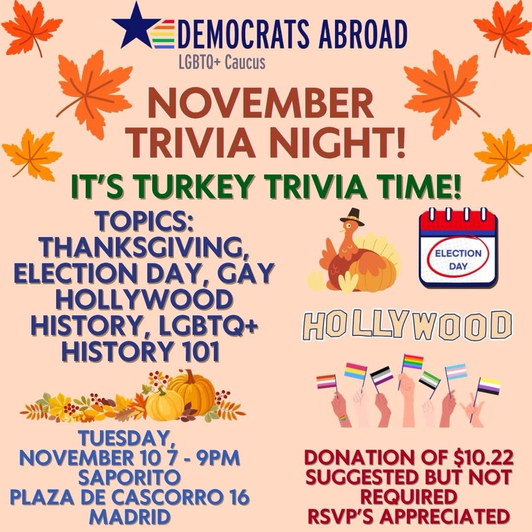 November Trivia Night, Tuesday, November 10, 2026, 7-9 PM, Saporito - Plaza de Cascorro, 16  Madrid 28005