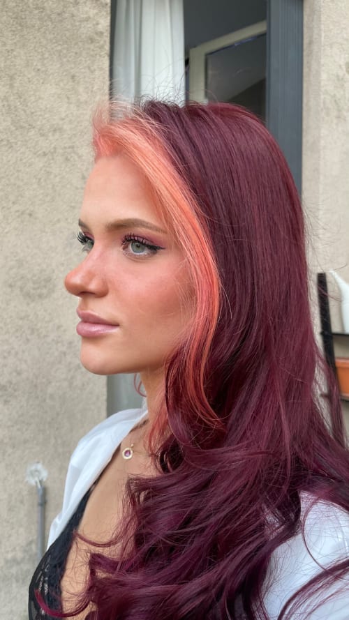 Frisuren-Bild von Steven Brandl auf hairinspo: frau, kopfhaar, glatt, lang, Haarverlängerung, mehrfarbig, haarfarbe, bordeaux, pastel