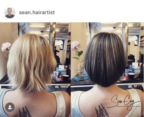 Frisuren-Bild von Sean Eng auf hairinspo: frau, kopfhaar, glatt, kurz, shortbob, mehrfarbig, haarfarbe, mêches, blond, dunkelbraun