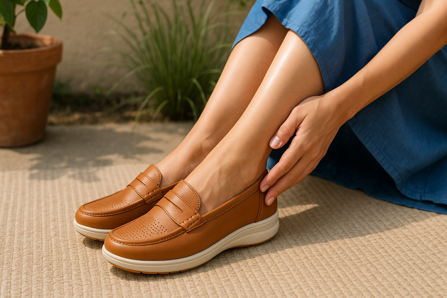 Mocassins orthopédiques d’été en cuir pour femme sur fond estival, avec design élégant et semelle de confort