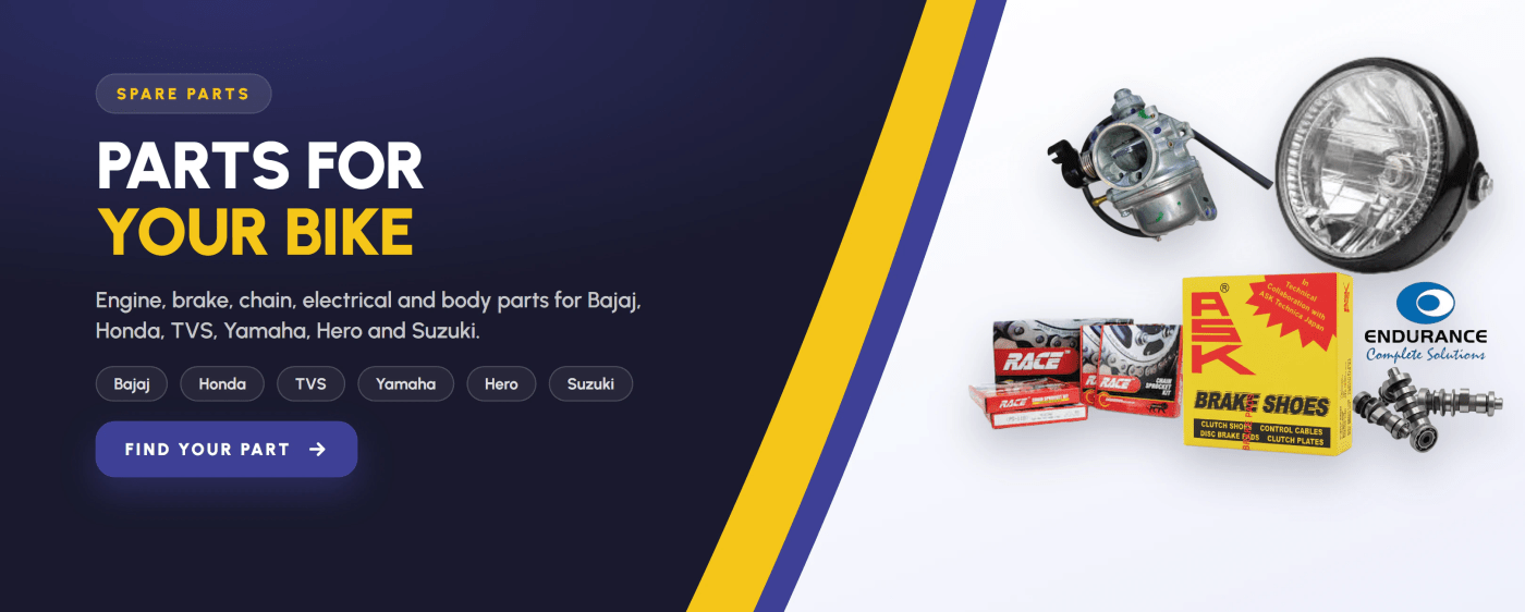Motorcycle Spare Parts for Bajaj, Honda, TVS, Yamaha and Hero
