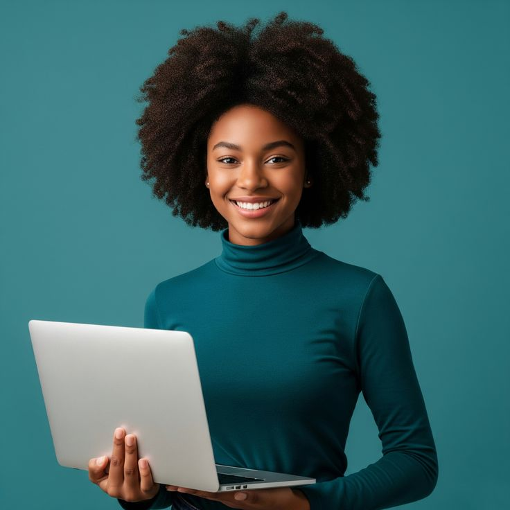 Student smiling while working on a laptop