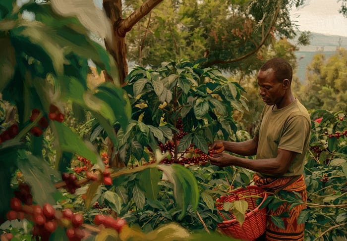 Coffee Farmer Harvesting Coffee Cherries