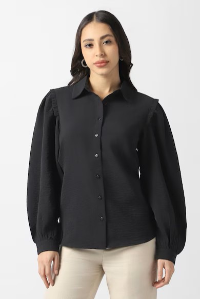 Women Black Solid Long Sleeves Casual Shirt