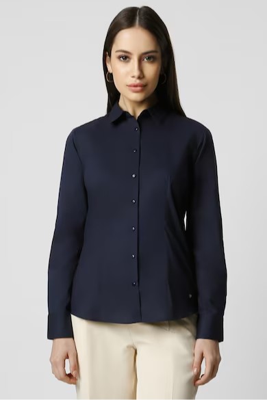 Women Navy Solid Long Sleeves Formal Shirt