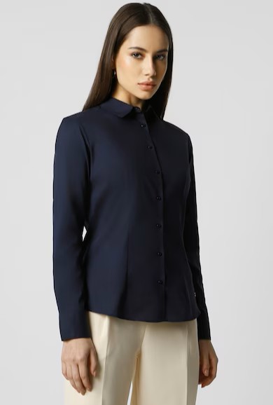 Women Navy Solid Long Sleeves Formal Shirt - Image 2
