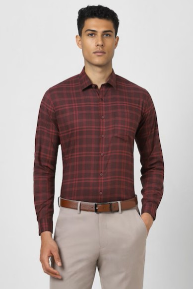 Men Maroon Slim Fit Check Full Sleeves Formal Shirt