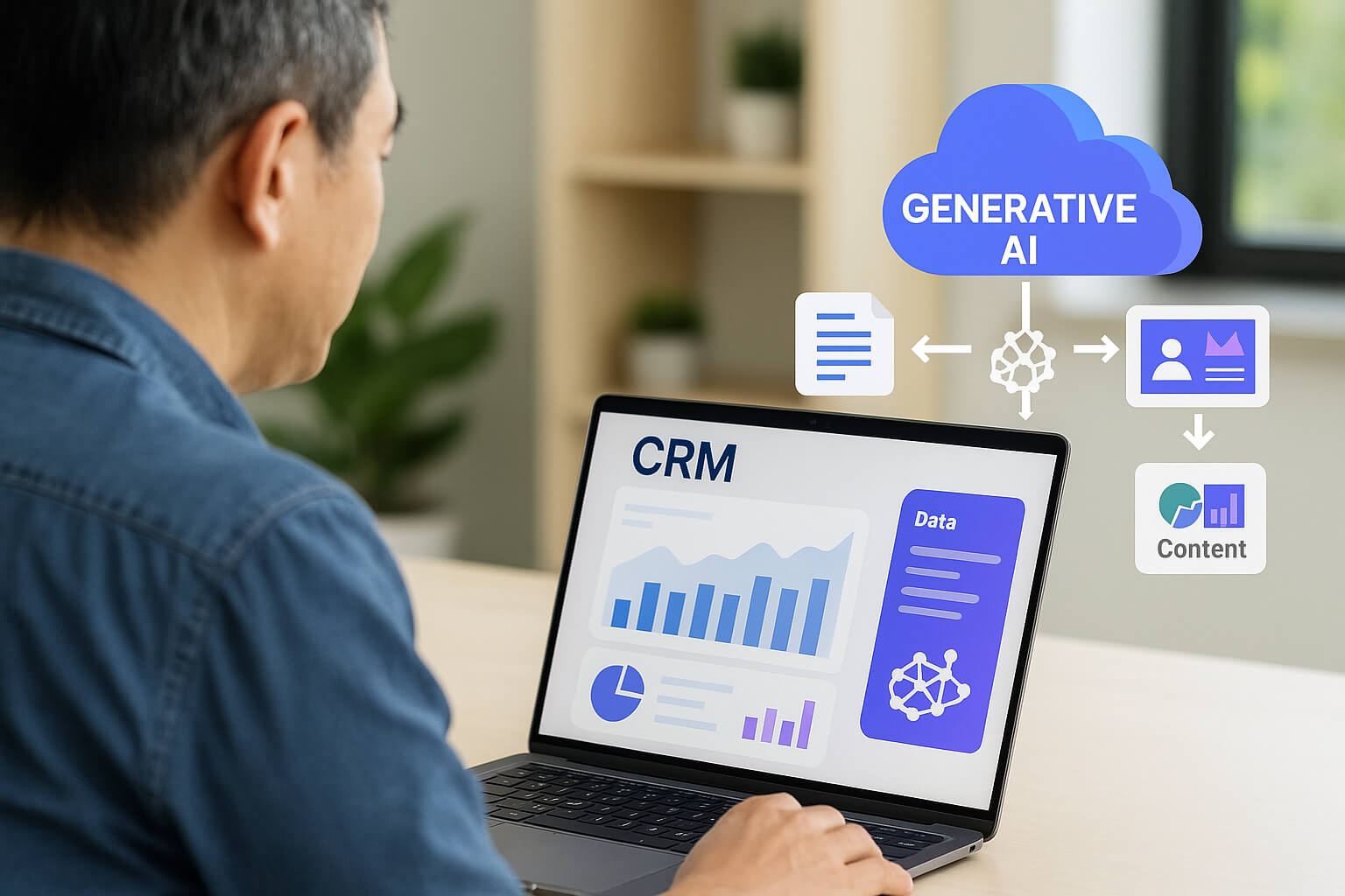 중소기업 대표가 CRM 대시보드를 검토하는 장면, AI 흐름 시각화 포함