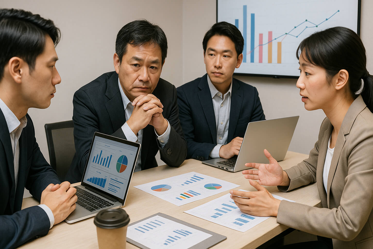 AI 도입을 고려하는 중소기업의 경영 전략 회의 장면