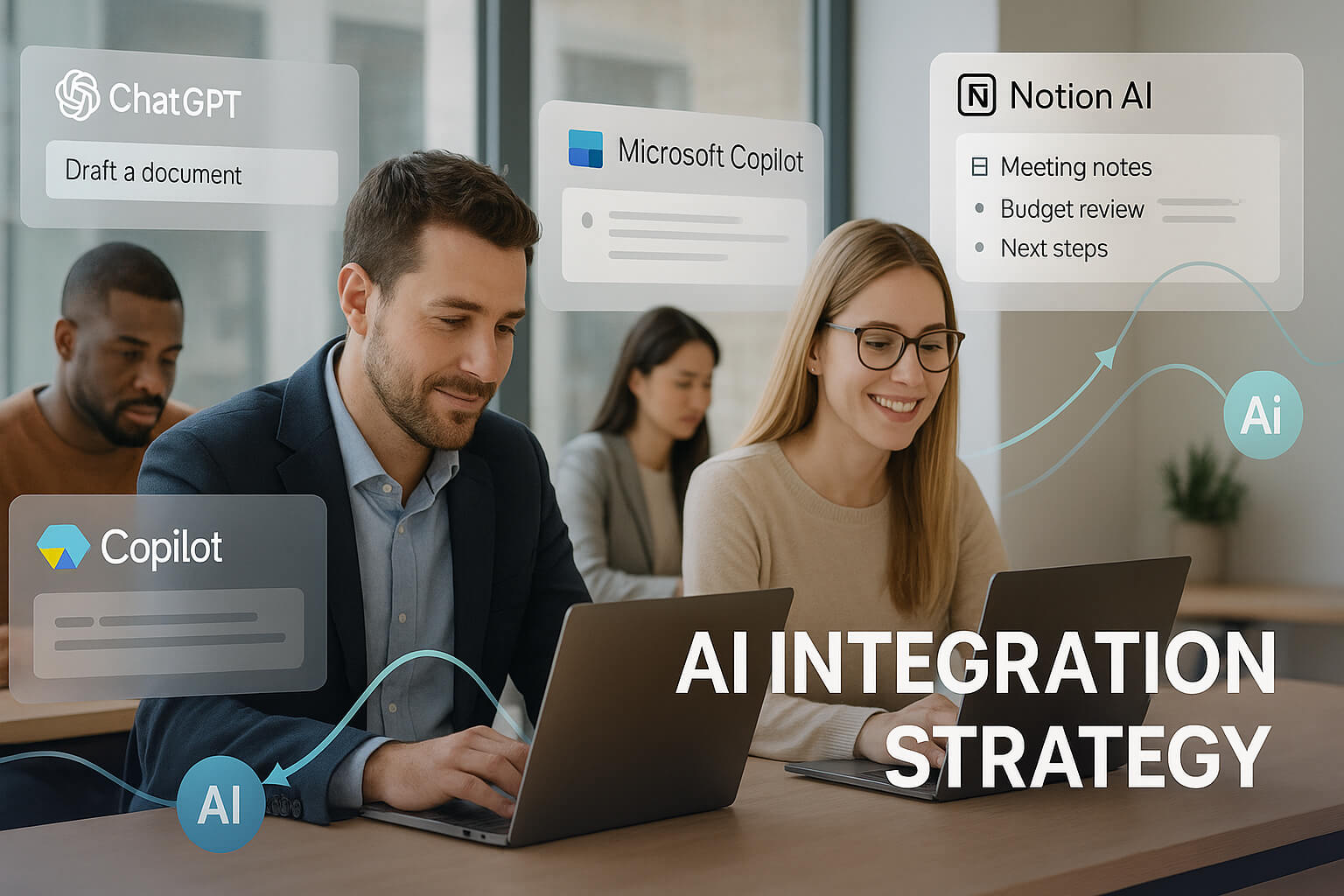 AI 도구 통합으로 업무 자동화 중인 사무실 직원들이 ChatGPT, Copilot, Notion AI를 활용해 문서 작성, 이메일 응답, 코드 작성을 수행하는 사무실 장면