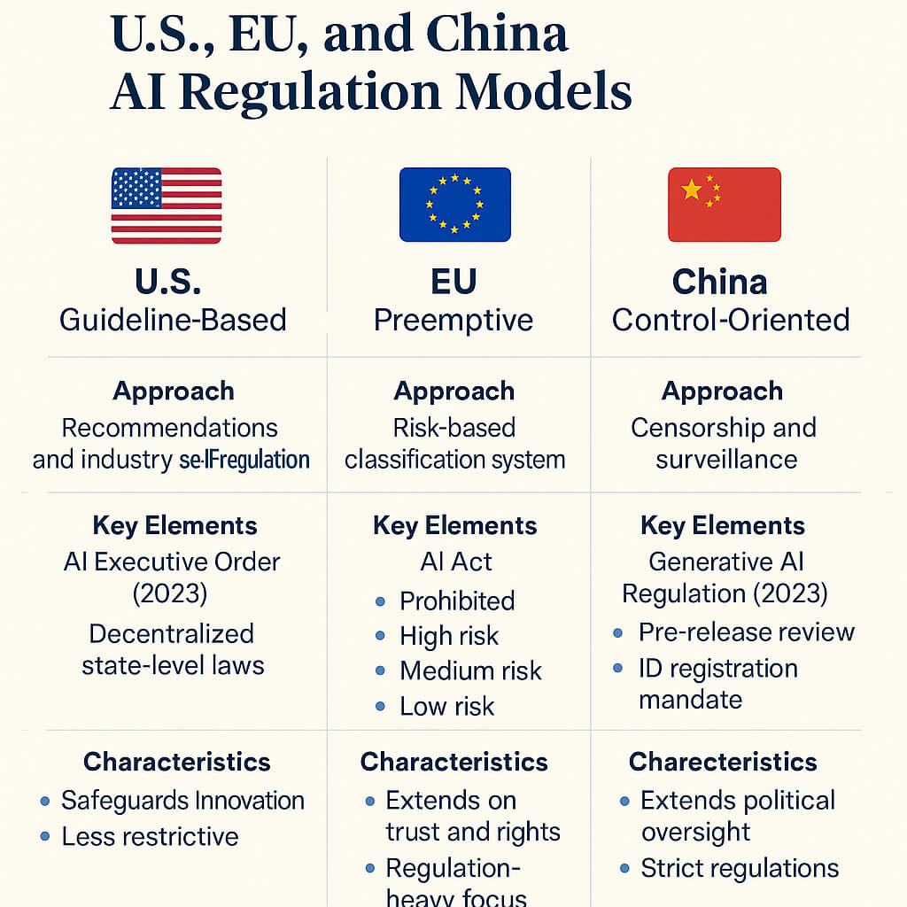 A visual comparison of AI regulation strategies by the U.S., EU, and China