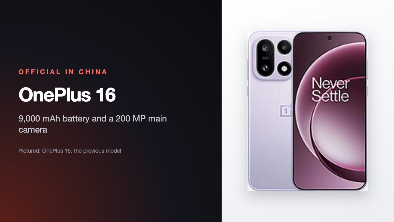 OnePlus 16 Goes Official in China With a 9,000 mAh Battery and a 200 MP Camera