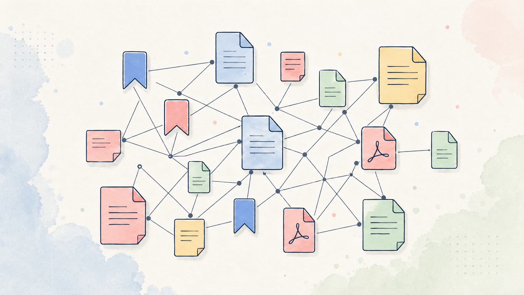 A network of connected notes, documents, and bookmarks representing a personal LLM Wiki