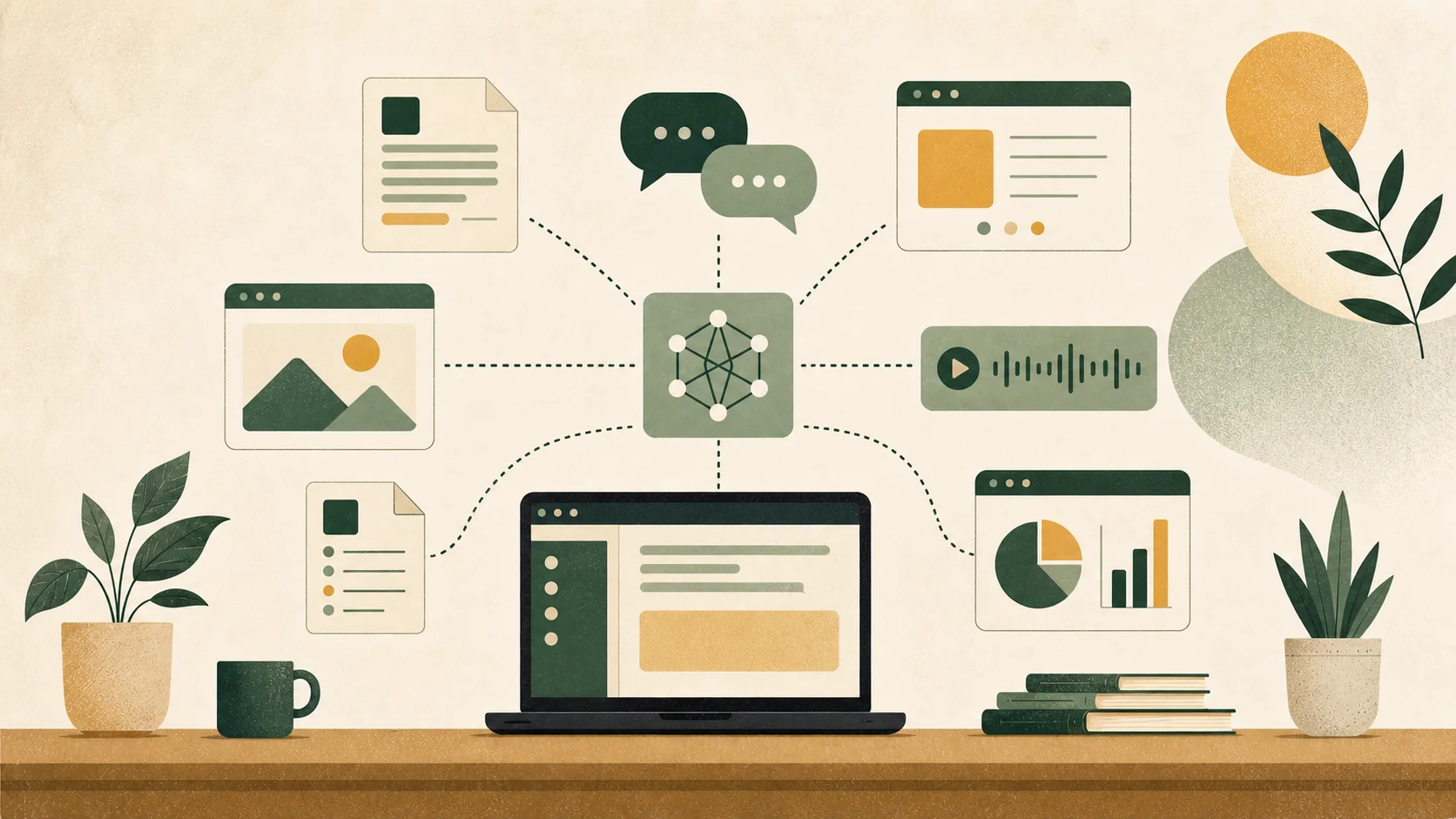 An AI assistant connects documents, images, audio, presentations, charts, and notes