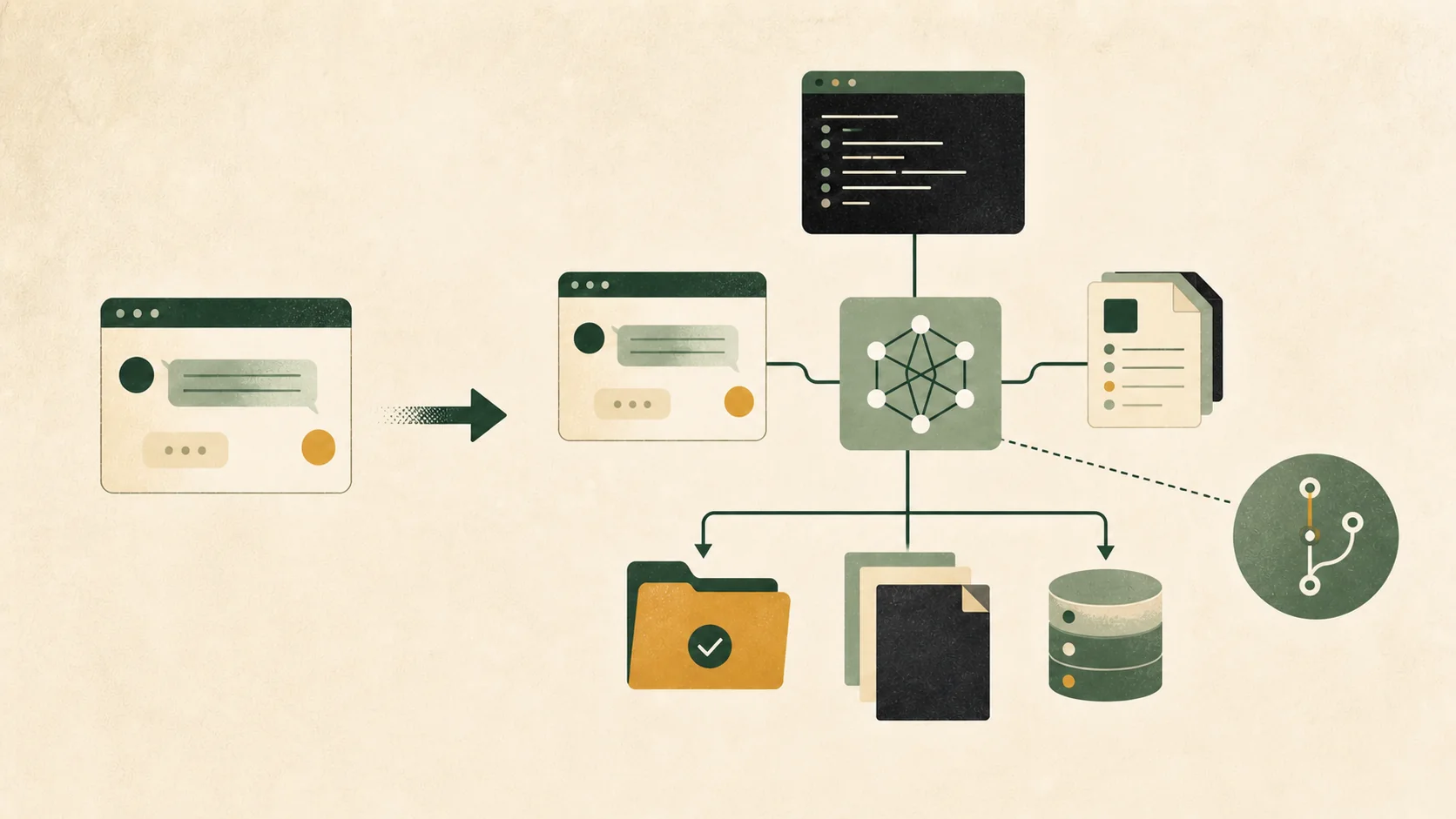 An isolated chat becomes an agent connected to a terminal, files, a repository, and a database