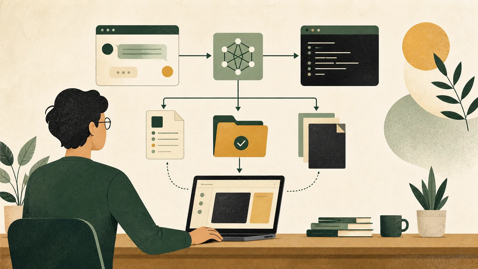 A person organizes an AI coding workflow by connecting a chat, model, terminal, documents, and repository