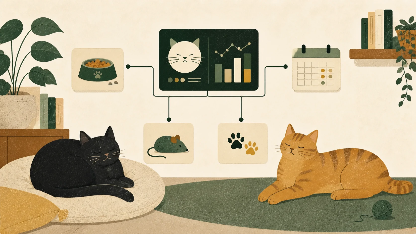 Two cats relax beneath a playful dashboard that tracks food, toys, paw prints, and a calendar