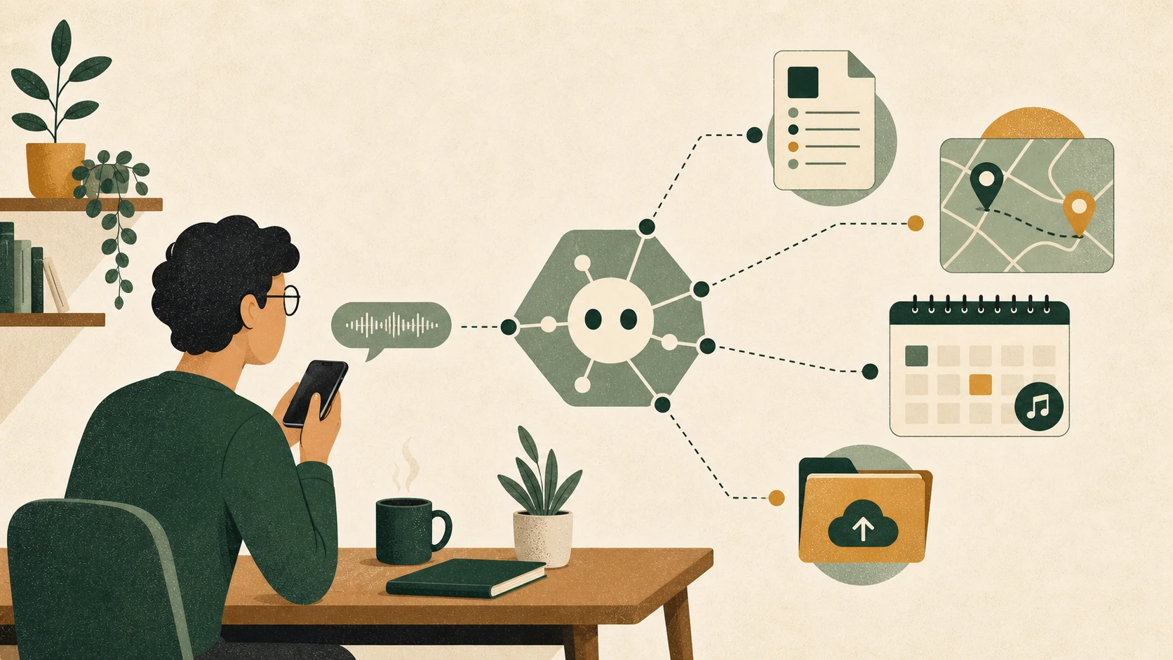 A person sends a voice message to an AI assistant connected to notes, a travel map, a music calendar, and a backup folder
