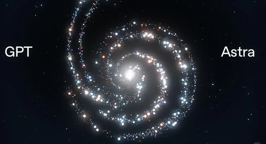 GPT-6 Astra announcement artwork: a spiral galaxy of glowing dots with the words GPT and Astra