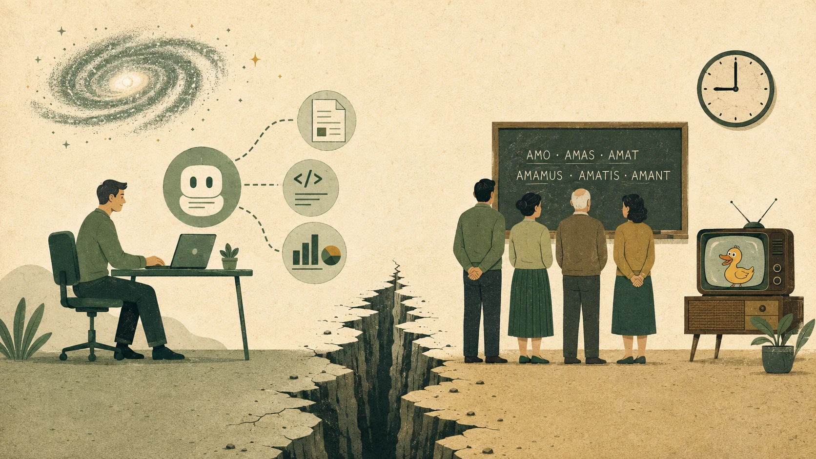 A person works with an AI agent on one side of a widening crack in the ground, while on the other side people stare at a Latin blackboard and a TV showing a duck