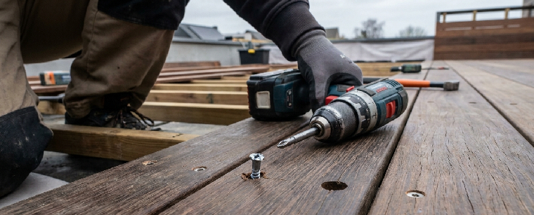Installing a hardwood deck with stainless steel Torx screws and pre-drilling in a Belgian garden environment
