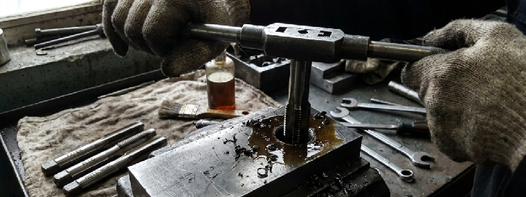 Draadtappen voor diepe gaten, close-up van taper, plug en bottoming tap met spaanafvoer en snijolie