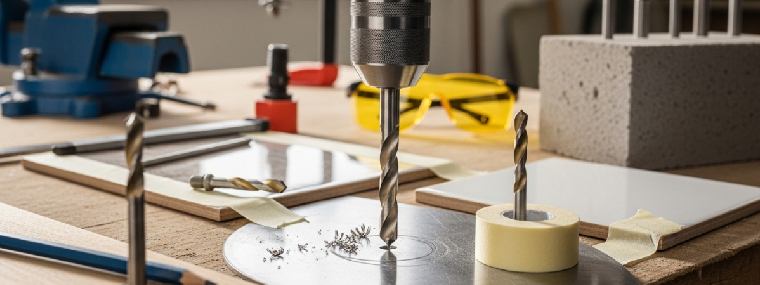 Boor precies gepositioneerd op voorgeponst merkteken, close-up van boorpunt en materiaaloppervlak