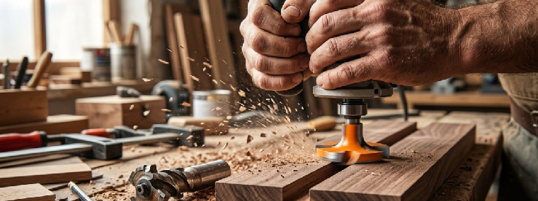 Router bit in actie tijdens houtfrezen, close-up van snijkanten en houtspaanders met slijtagepatronen
