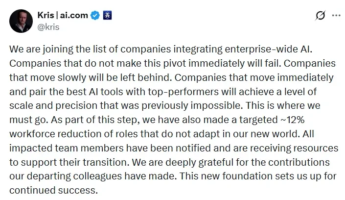 Crypto.com CEO Kris Marszalek explains AI-driven layoffs and enterprise-wide automation strategy in X post