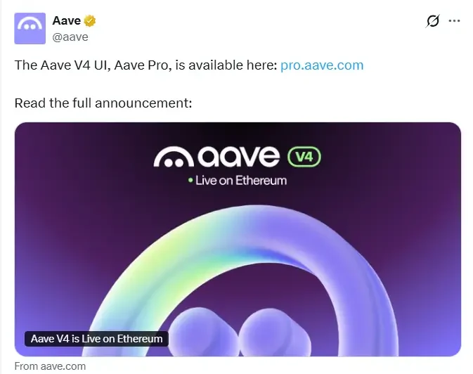 Aave announces V4 launch on Ethereum with new DeFi credit market expansion features

