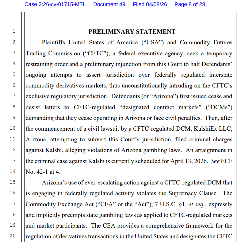 Court filing shows DOJ and CFTC request to halt Arizona action against Kalshi under federal derivatives law