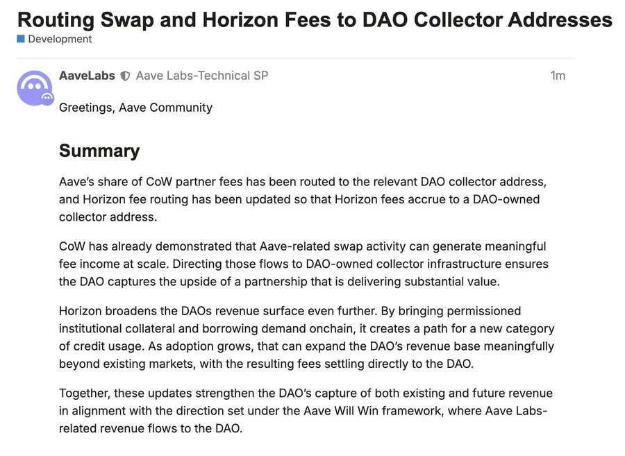 Aave update on routing fees to DAO collectors.