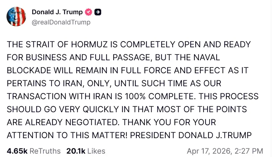 Trump confirms Strait of Hormuz reopening, influencing Bitcoin price and global market sentiment