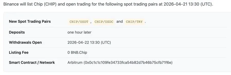 Binance confirms CHIP listing with three trading pairs