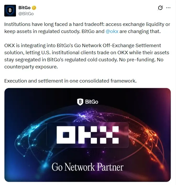 BitGo announces OKX integration enabling off-exchange settlement for US institutional crypto trading