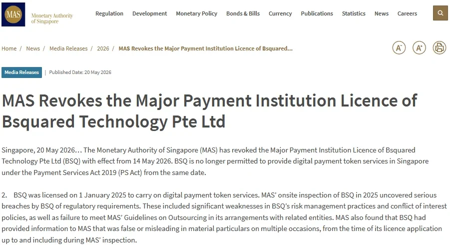 Singapore crypto regulator revokes BSQ license over breaches.