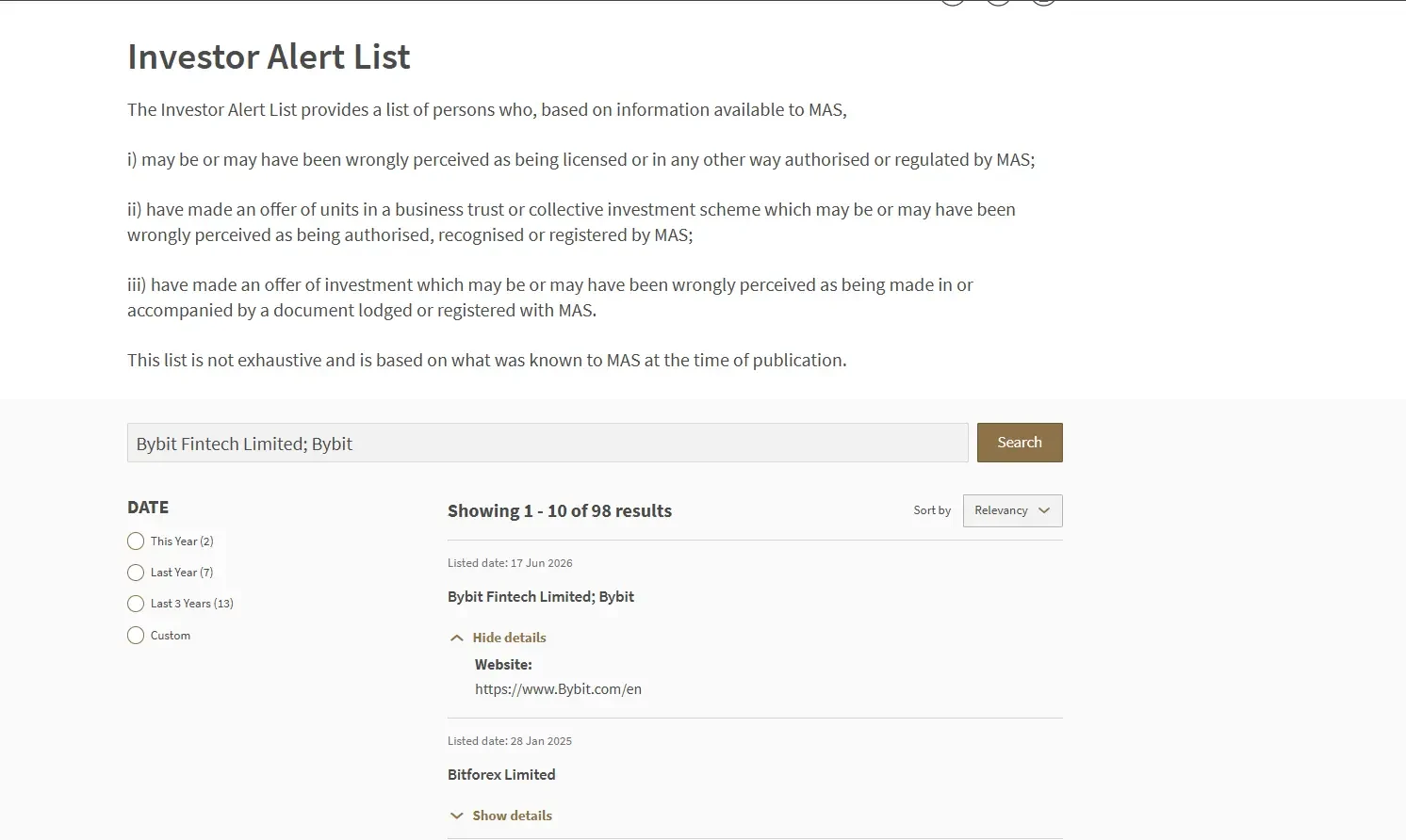 Bybit Added to the MAS Investor Alert List