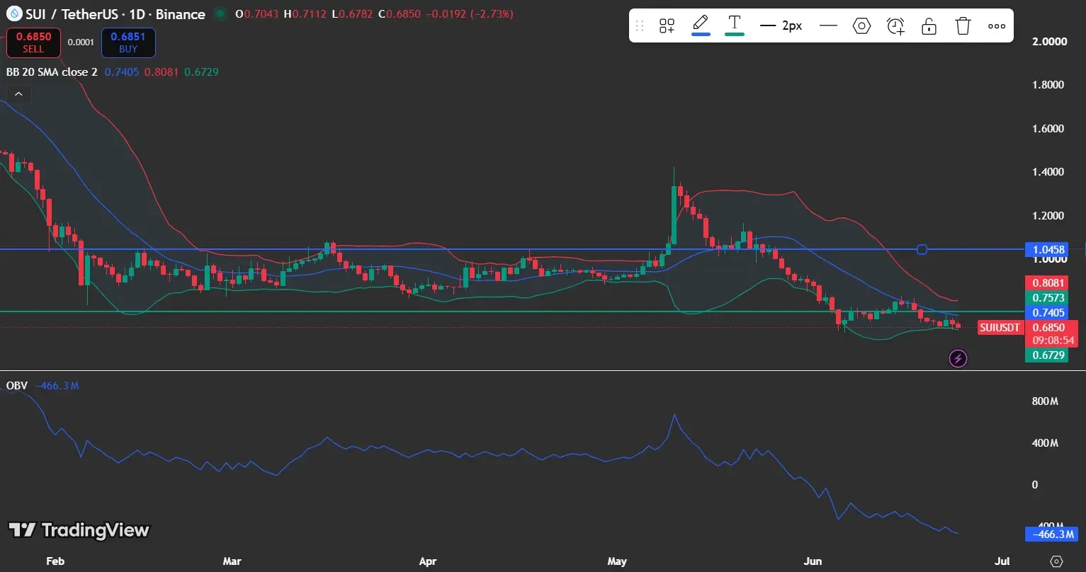 SUI price trades near support while facing resistance around $0.74 and $0.80.