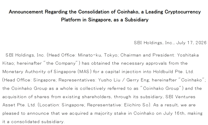 SBI Holdings acquires Coinhako