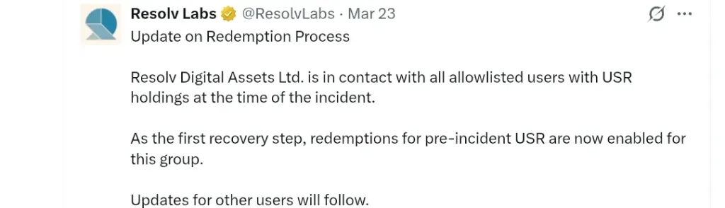 An X message regarding the attcak by Resolv Labs.
Source: Resolv Labs