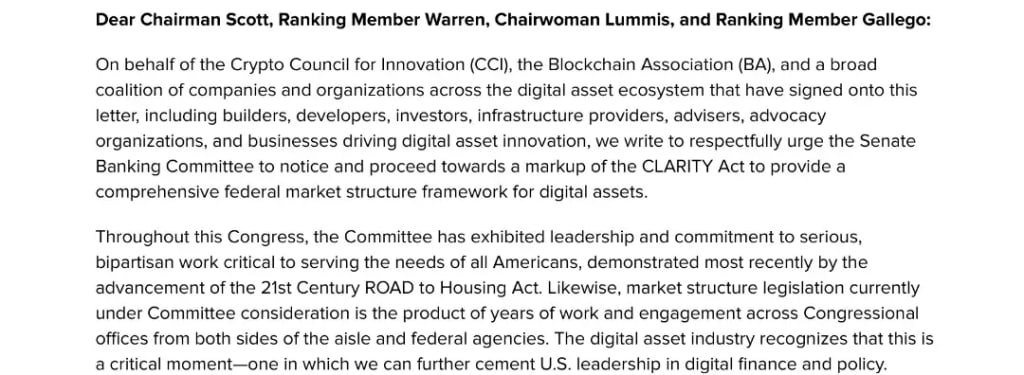 Letter by some of the crypto leaders to the Senate Banking Committee
