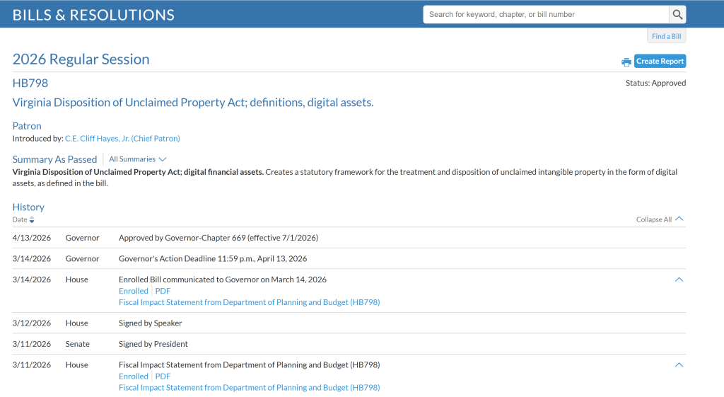 Virginia HB798 bill page showing approval and digital asset custody law details