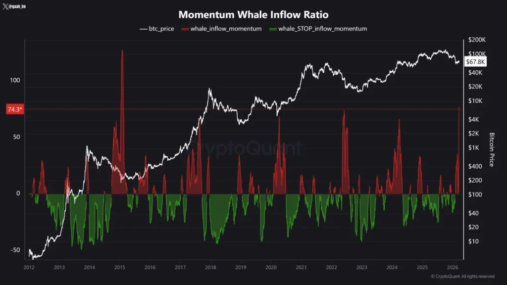 Bitcoin whale inflow momentum reaches highest level in 11 years indicating major capital movement
