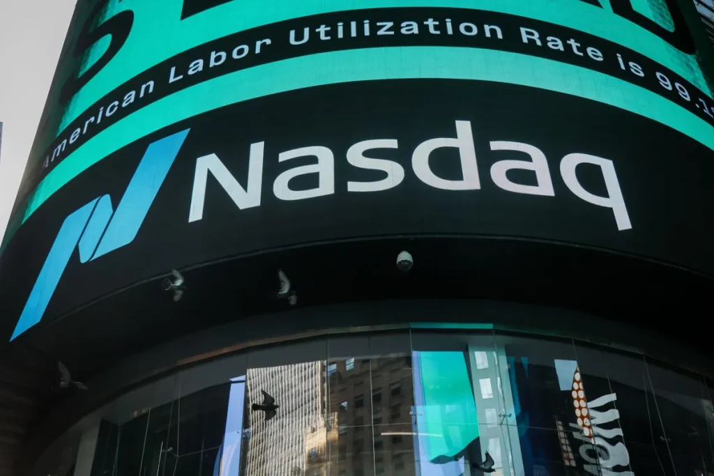 Nasdaq display board showing financial market branding and institutional trading environment