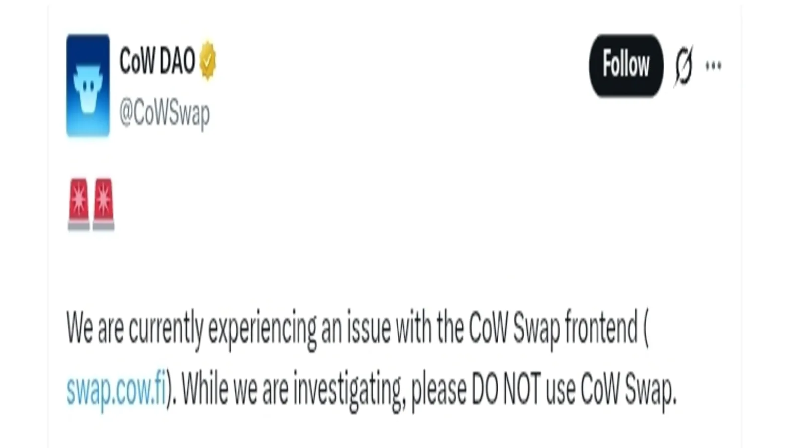 CoW has confirmed the issue with its swap front-end.
Source: CowSwap