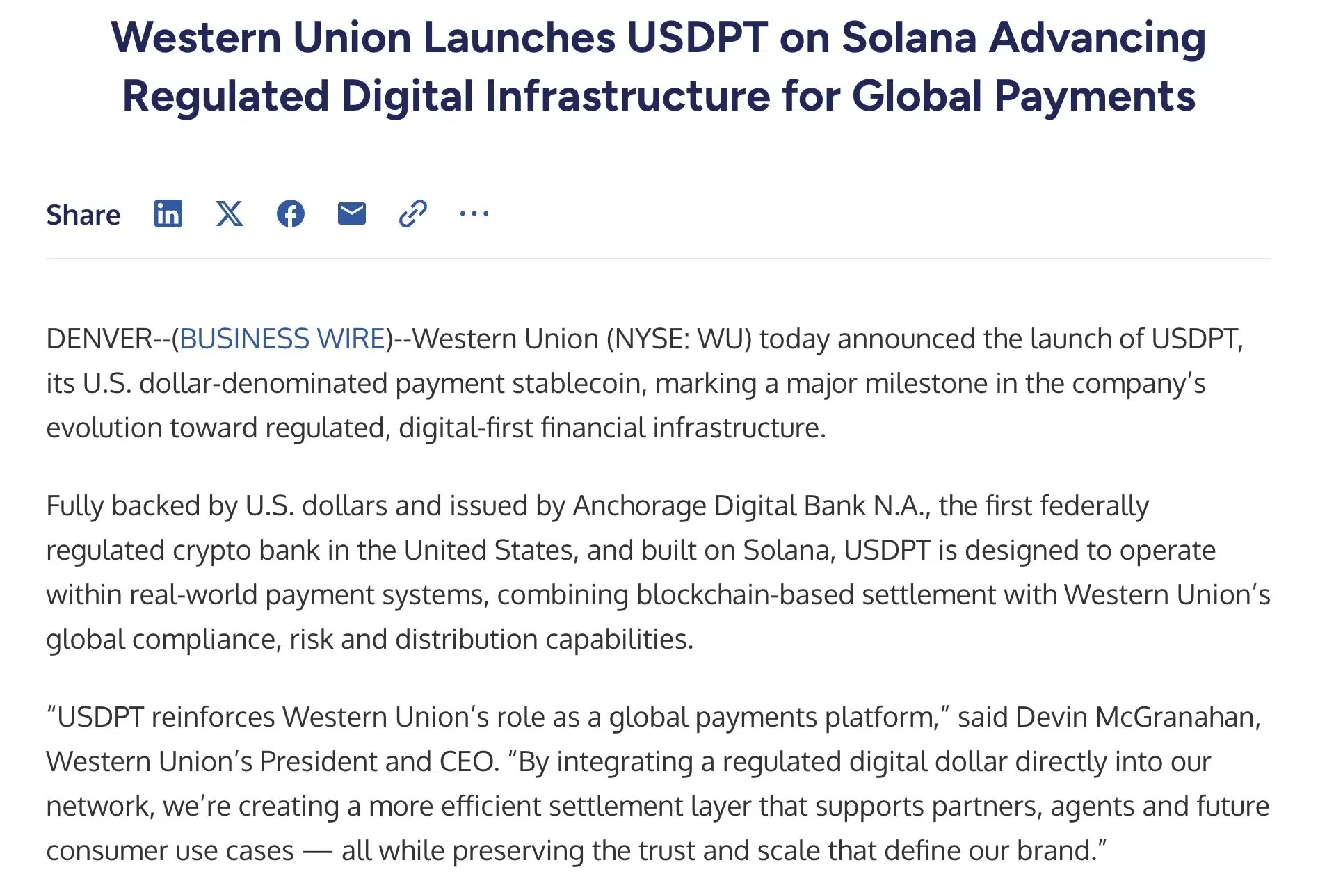 Western Union launches USDPT stablecoin